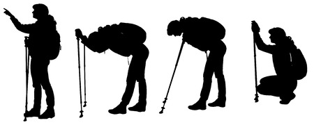 Vector silhouettes of people with trekking stick on a white background. のイラスト素材