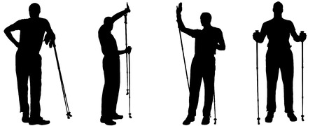Vector silhouettes of people with trekking stick on a white background. のイラスト素材