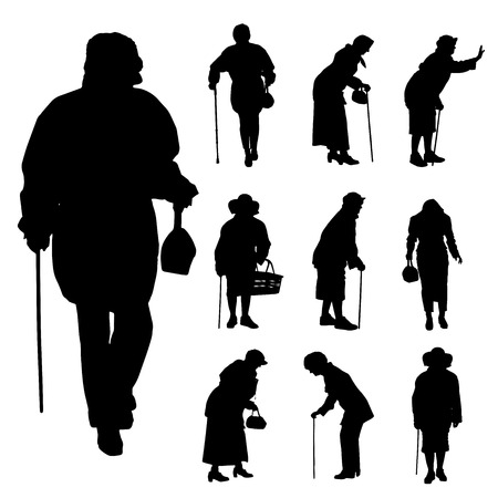 Vector silhouette of old people isolated on white のイラスト素材