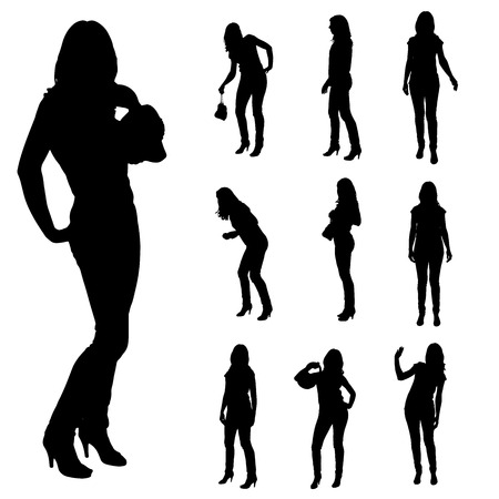 Vector silhouette of a woman with a handbag isolated on white のイラスト素材