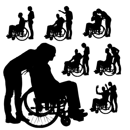 Vector silhouettes of people in a wheelchair isolated on white のイラスト素材