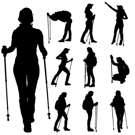Vector silhouettes of people with walking bare on a white background. のイラスト素材