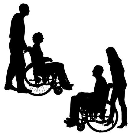 Vector silhouettes of people in a wheelchair isolated on white のイラスト素材