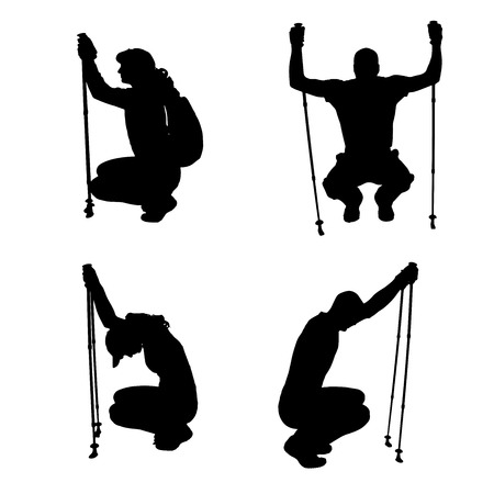 Vector silhouettes of people with walking bare isolated on white のイラスト素材