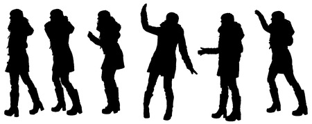 Vector silhouette of woman in winter clothes on a white background. のイラスト素材