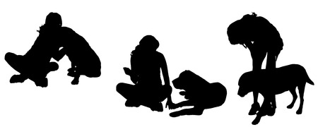 Vector silhouette of a woman with a dog on a white background. のイラスト素材