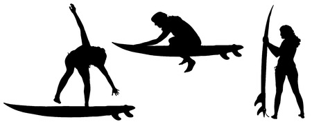 Vector silhouette of a woman who surfs.のイラスト素材