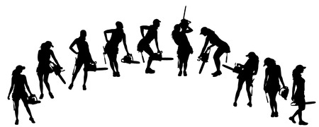Vector silhouette of a woman working with tools on a white background.のイラスト素材
