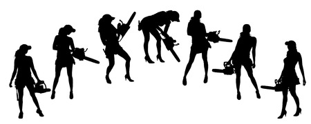 Vector silhouette of a woman working with tools on a white background.のイラスト素材
