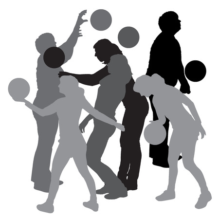 Vector silhouette of a woman playing with a balloon.のイラスト素材