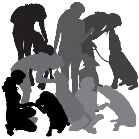 Vector silhouette of a woman with a dog on a white background.のイラスト素材