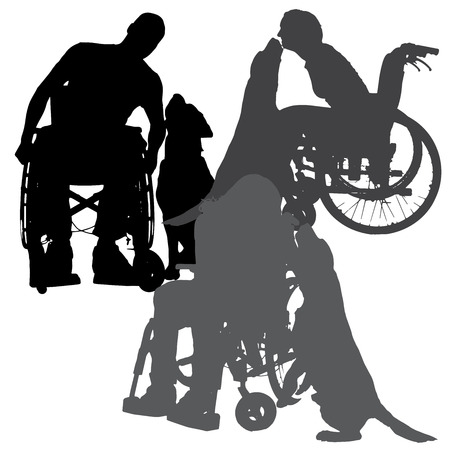 Vector silhouettes of people in a wheelchair on a white background. のイラスト素材
