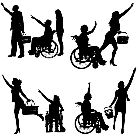 Vector silhouettes of people in a wheelchair on a white background. のイラスト素材