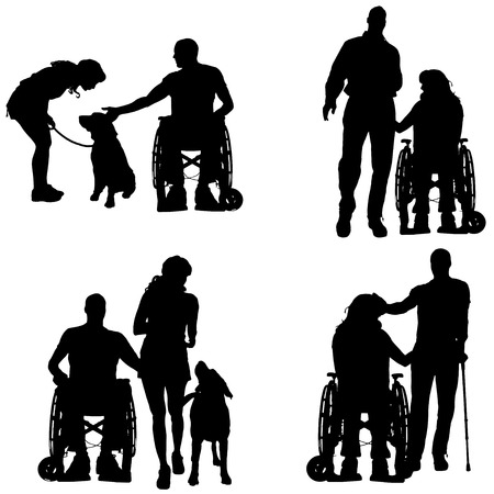 Vector silhouettes of people in a wheelchair on a white background. のイラスト素材