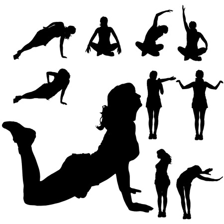 Vector silhouette of a woman who practices on white background. のイラスト素材