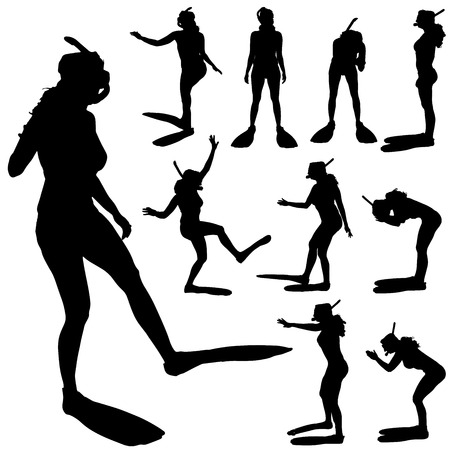 Vector silhouette of a woman with flippers and a snorkel.のイラスト素材
