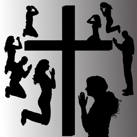 Vector silhouette of people who are praying at the cross.のイラスト素材
