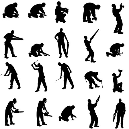 Vector silhouette of a people working with tools on a white background.のイラスト素材