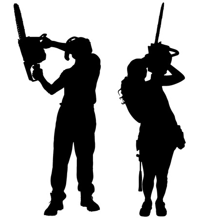Vector silhouette of a people working with tools on a white background.のイラスト素材