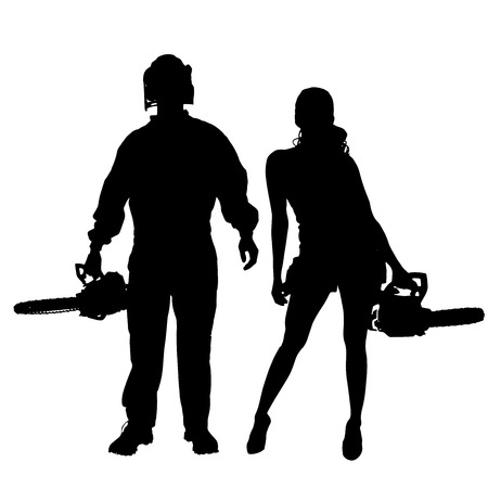 Vector silhouette of a people working with tools on a white background.のイラスト素材
