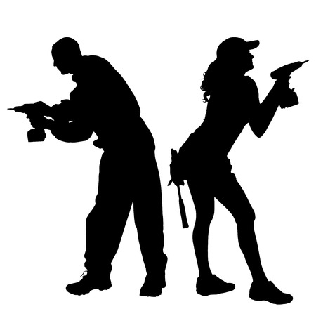 Vector silhouette of a people working with tools on a white background.のイラスト素材