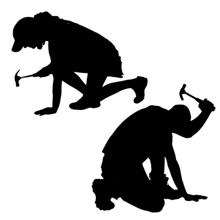 Vector silhouette of a people working with tools on a white background.のイラスト素材
