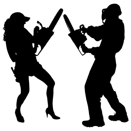 Vector silhouette of a people working with tools on a white background.のイラスト素材