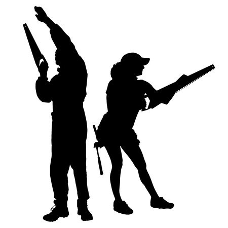 Vector silhouette of a people working with tools on a white background.のイラスト素材