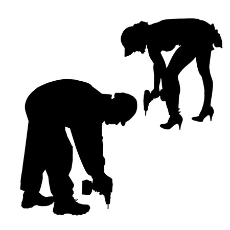 Vector silhouette of a people working with tools on a white background.のイラスト素材