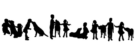 Vector silhouette of children with a dog on a white background.のイラスト素材
