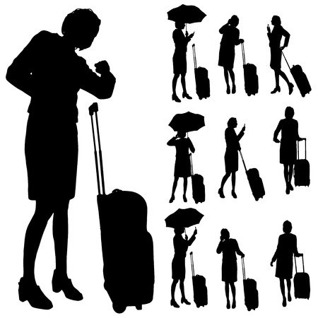 Vector silhouette of a woman with a suitcase on a white background.のイラスト素材