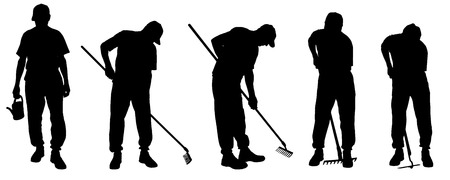 Vector silhouette of a man with garden tools.のイラスト素材