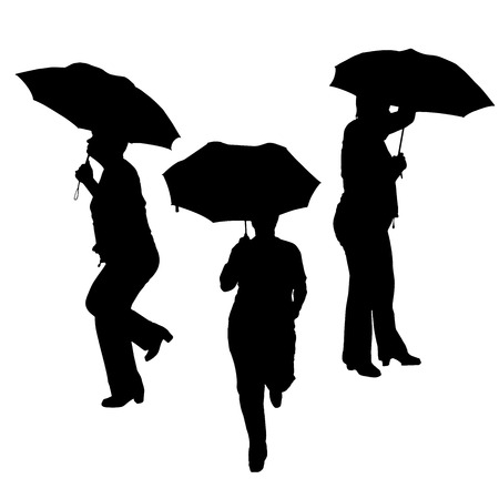 Vector silhouettes of woman with umbrellas on white background.のイラスト素材