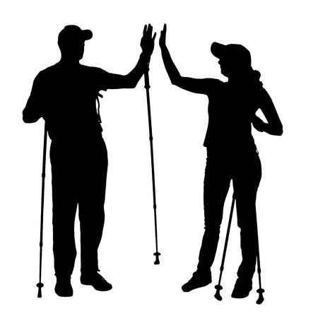 Vector silhouette of people with Nordic walking.のイラスト素材