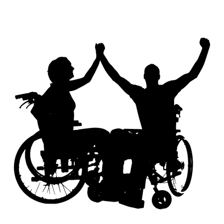 Vector silhouettes of people in a wheelchair on a white background. のイラスト素材