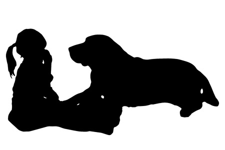 Vector silhouette of a child with a dog on a white background.のイラスト素材