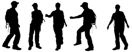 Vector silhouette of woman with backpack on white background.のイラスト素材