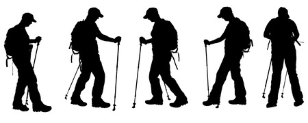 Vector silhouette of people with Nordic walking.のイラスト素材
