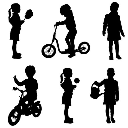 Vector silhouette of a little girl in different situations.のイラスト素材
