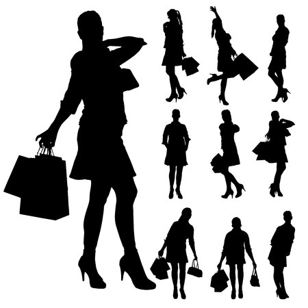 Vector silhouette of a woman with shopping bags.のイラスト素材