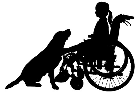 Vector silhouettes of girl in a wheelchair on a white background. のイラスト素材