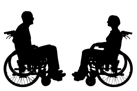 Vector silhouettes of people in a wheelchair on a white background. のイラスト素材