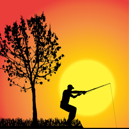 silhouette of a man who fishes at sunset.のイラスト素材