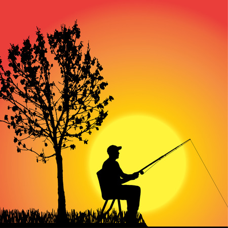 silhouette of a man who fishes at sunset.のイラスト素材