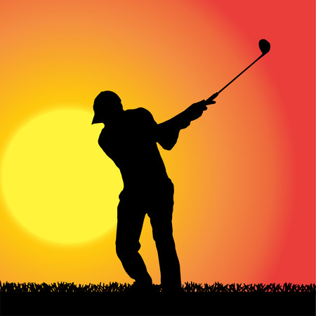 silhouette of a man who plays golf on an orange background.のイラスト素材