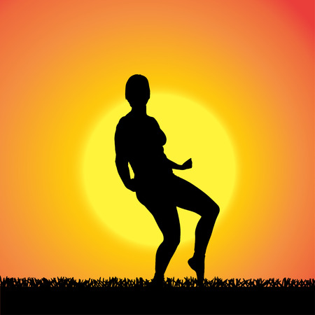 silhouette of woman who dance at sunset.のイラスト素材