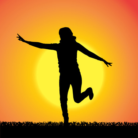 silhouette of woman who dance at sunset.のイラスト素材