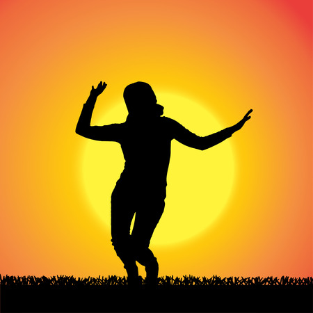 silhouette of woman who dance at sunset.のイラスト素材
