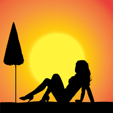 silhouette of a sexy woman on the beach.のイラスト素材