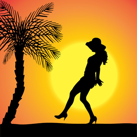 silhouette of a sexy woman who dancing on the beach,のイラスト素材
